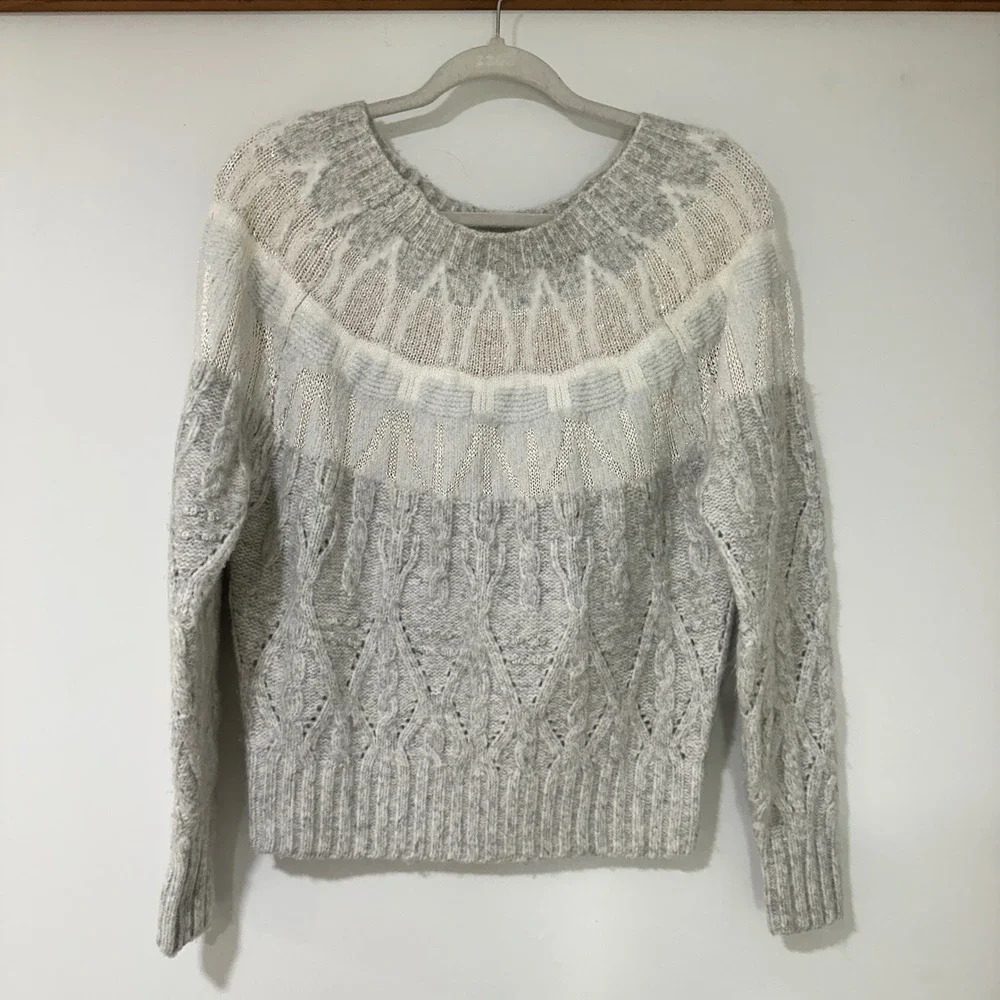 White House Black Market Fair Isle Cable Knit Sweater Women S Gray Metallic Wool